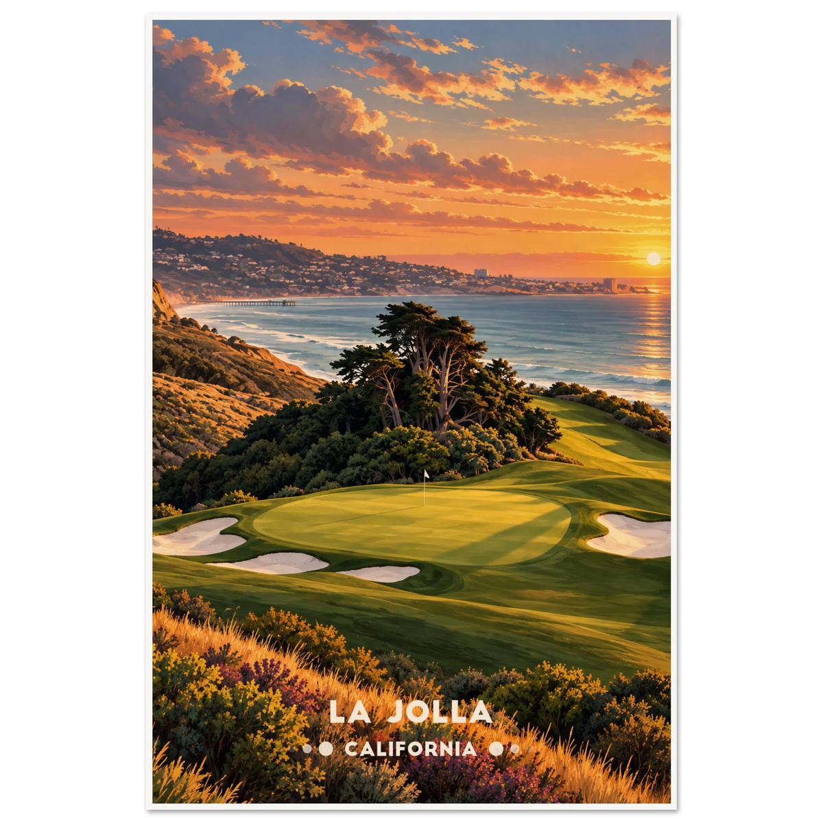 Clifftop golf greens and bunkers above Pacific surf and a sandy beach in La Jolla, San Diego, California