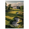 Striped golf fairway with sweeping bunkers below a grand white manor at golden hour in Westchester, New York