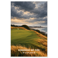 Painted clifftop golf green with white flag, golden dune grass and stormy North Sea sky