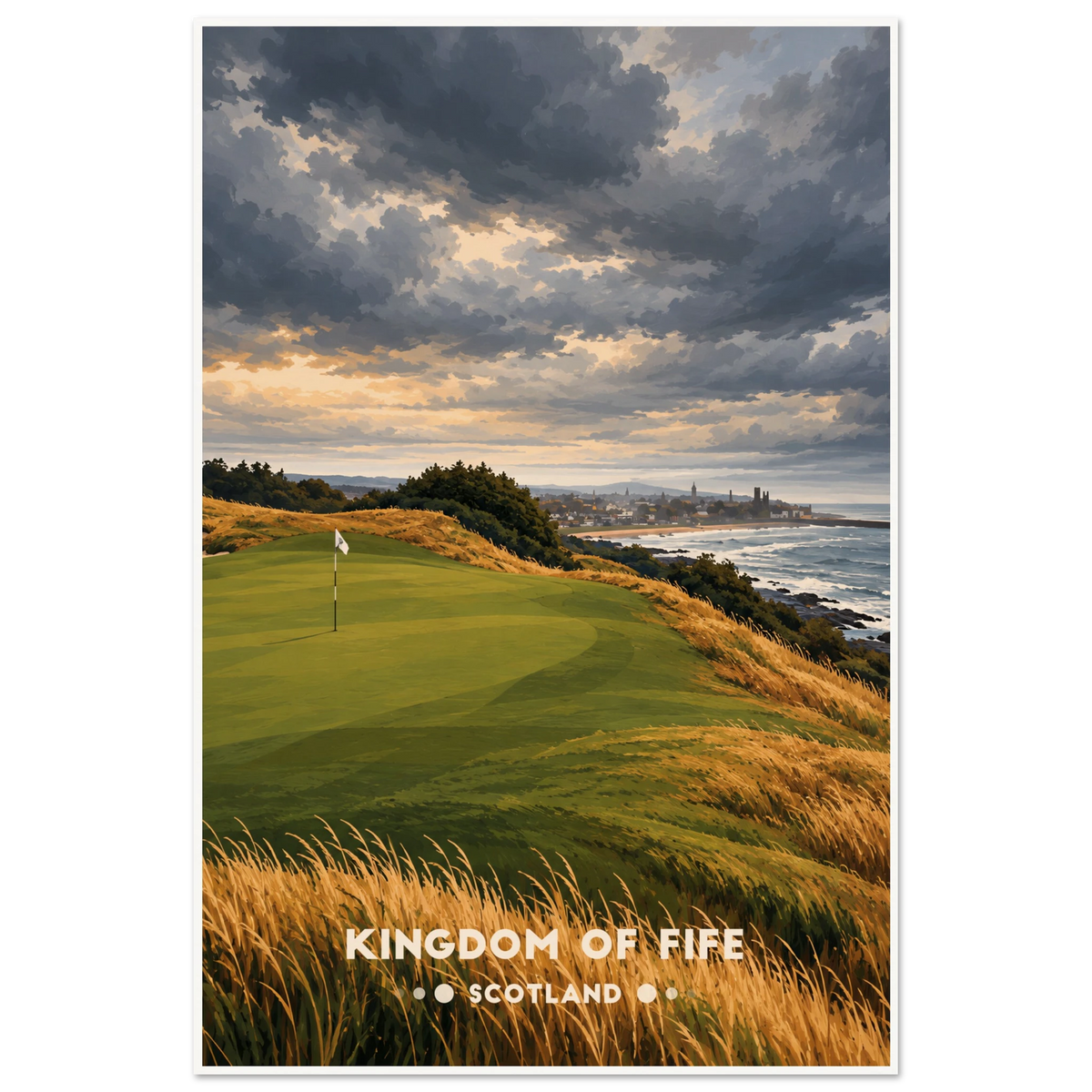 Painted clifftop golf green with white flag, golden dune grass and stormy North Sea sky