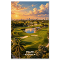 Painted aerial view of Miami golf course with palms, lakes and city skyline at sunrise