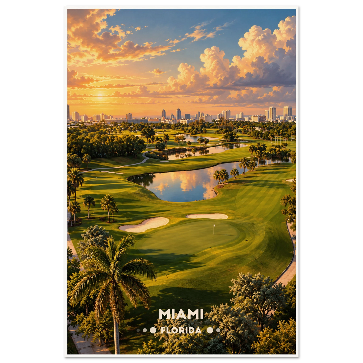 Painted aerial view of Miami golf course with palms, lakes and city skyline at sunrise