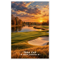 Lakeside golf green with bunker and autumn trees at sunset in Tega Cay, South Carolina