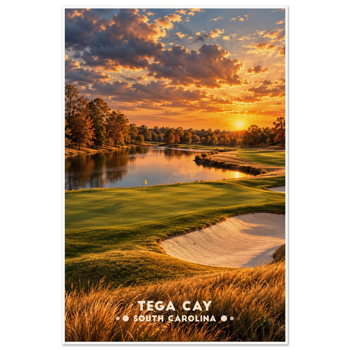 Lakeside golf green with bunker and autumn trees at sunset in Tega Cay, South Carolina