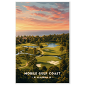 Aerial view of pine-lined golf fairways and ponds near the Gulf of Mexico at sunset in Mobile, Alabama