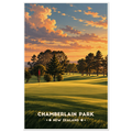 Parkland golf green with red flag beneath tall pines at golden sunset in Auckland, New Zealand