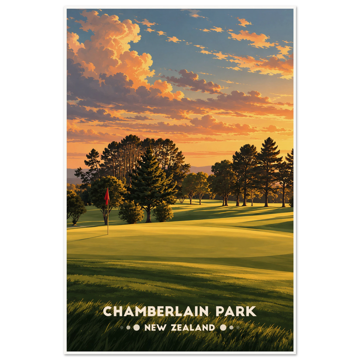 Parkland golf green with red flag beneath tall pines at golden sunset in Auckland, New Zealand