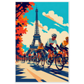 Illustrated road cyclists riding along a Paris avenue beneath the Eiffel Tower with red autumn trees, tou de france