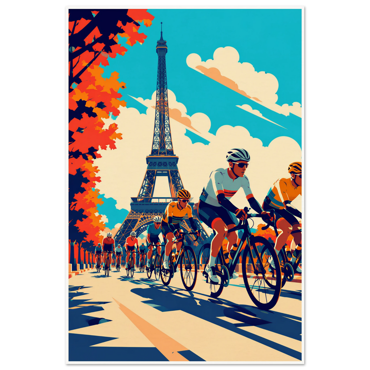 Illustrated road cyclists riding along a Paris avenue beneath the Eiffel Tower with red autumn trees, tou de france