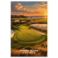 Coastal golf green with bunkers, salt ponds and marsh grass at sunset on Fishers Island