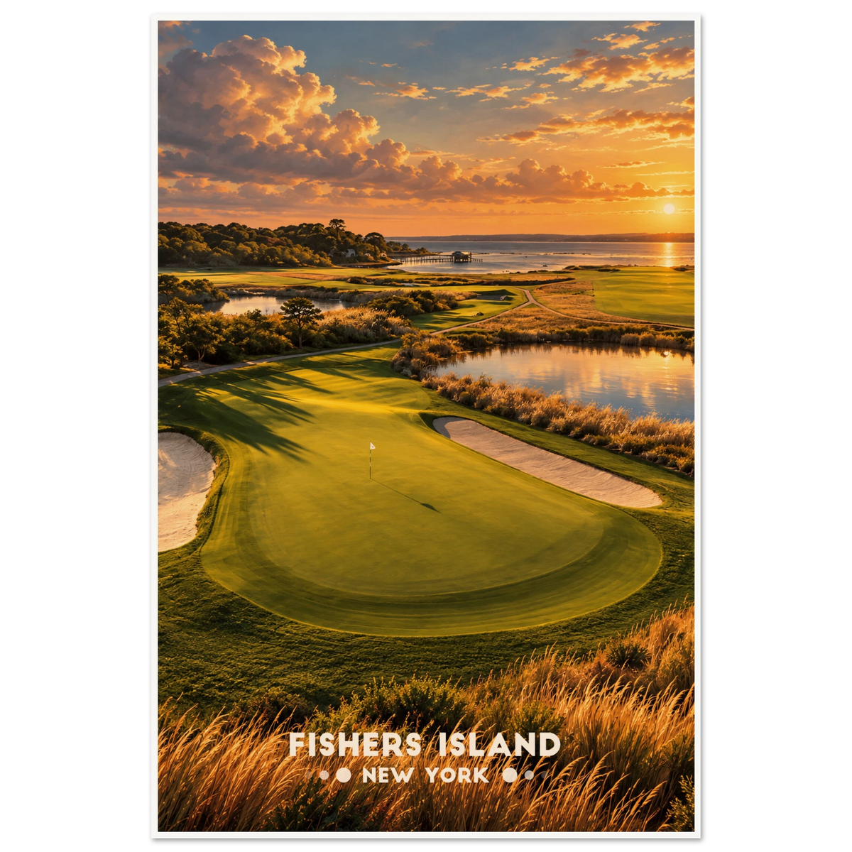 Coastal golf green with bunkers, salt ponds and marsh grass at sunset on Fishers Island