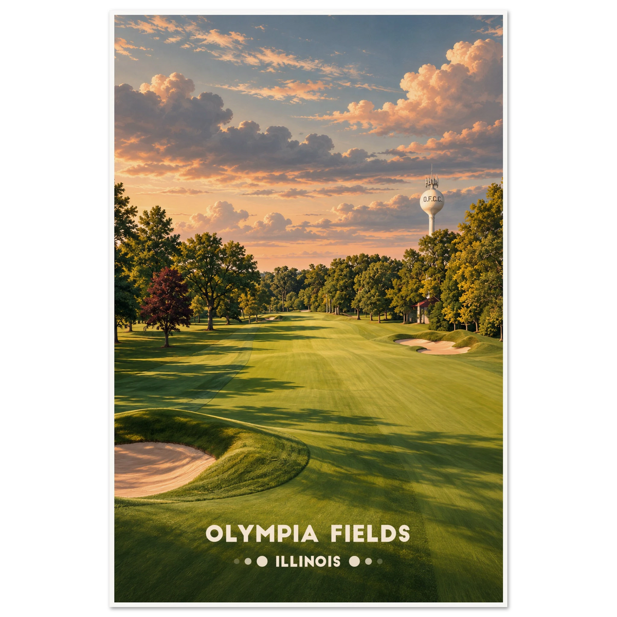 Tree-lined parkland golf fairway with sand bunkers under a warm Olympia Fields sunset