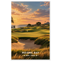 Rolling links green with deep bunker and golden grasses above the bay at sunset on Peconic Bay