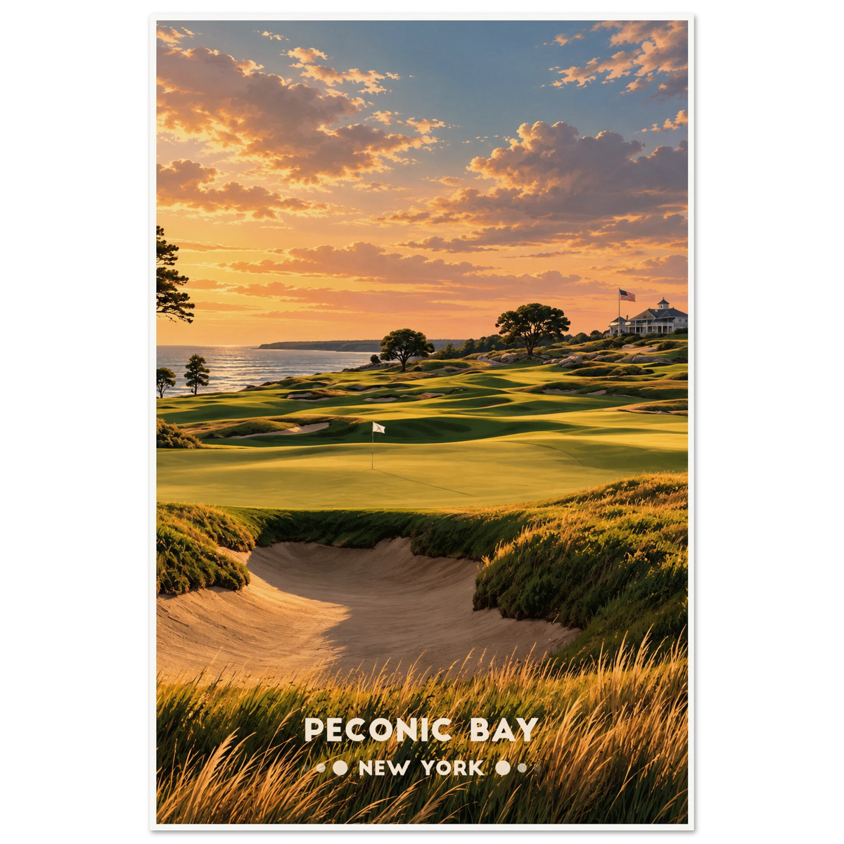 Rolling links green with deep bunker and golden grasses above the bay at sunset on Peconic Bay
