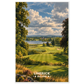 Irish parkland golf hole with sand bunker, flag and mature oaks at golden sunset