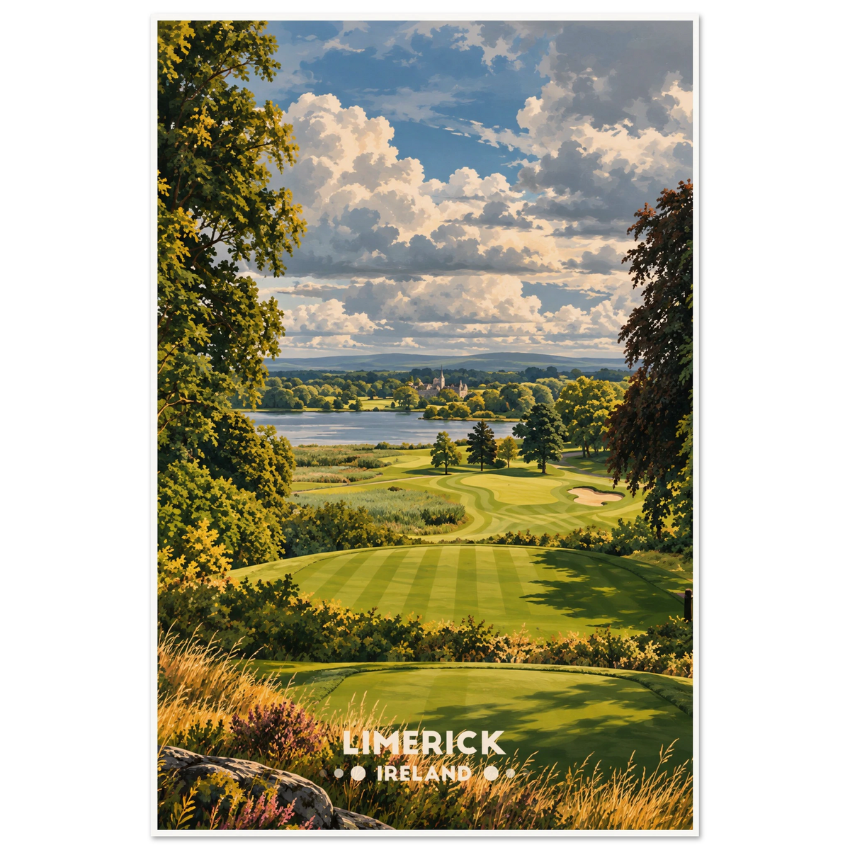 Irish parkland golf hole with sand bunker, flag and mature oaks at golden sunset