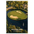 Aerial view of a palm-framed golf green on a lake island with fountain and footbridge in Orlando, Florida