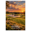 Aerial view of winding golf fairways and bunkered greens beside Narragansett Bay near Providence, Rhode Island