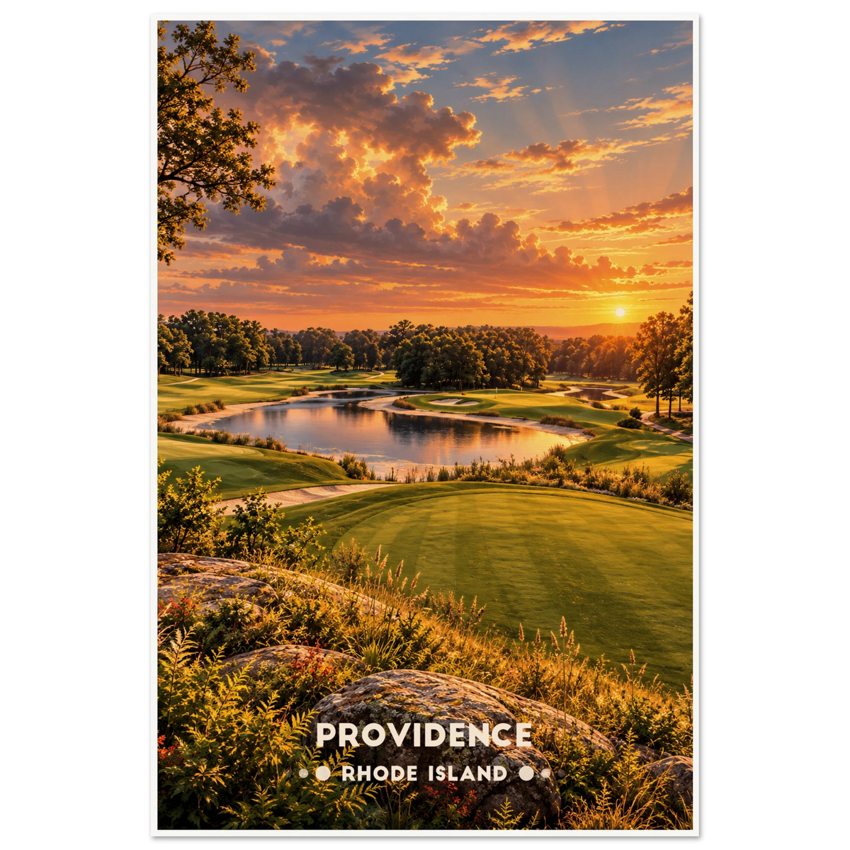 Aerial view of winding golf fairways and bunkered greens beside Narragansett Bay near Providence, Rhode Island