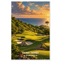 Tropical golf fairways between rocky ravine cliffs and pink bougainvillea above the sea in Saint James, Barbados