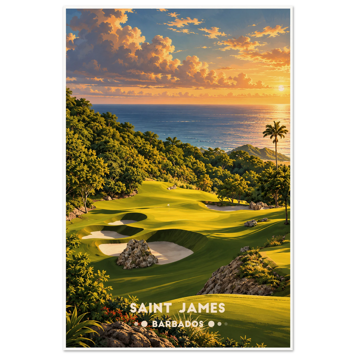 Tropical golf fairways between rocky ravine cliffs and pink bougainvillea above the sea in Saint James, Barbados