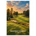Pine-framed golf green with bunkers seen from granite ledges at sunset in Boothbay Harbor, Maine