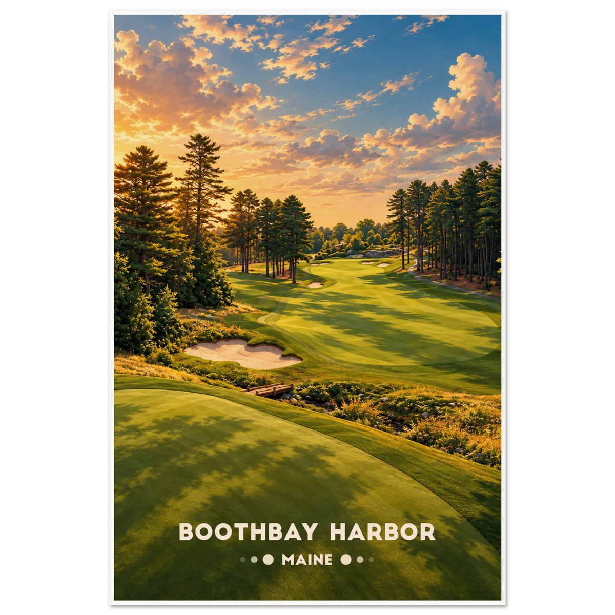 Pine-framed golf green with bunkers seen from granite ledges at sunset in Boothbay Harbor, Maine