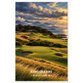 Links golf green with yellow flag beside a ruined stone tower above the Atlantic in Lahinch, Ireland