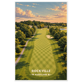 An aerial view of a golf green beside a tranquil lake, with willows and flowering plants, on a summer morning in Rockville, Maryland.