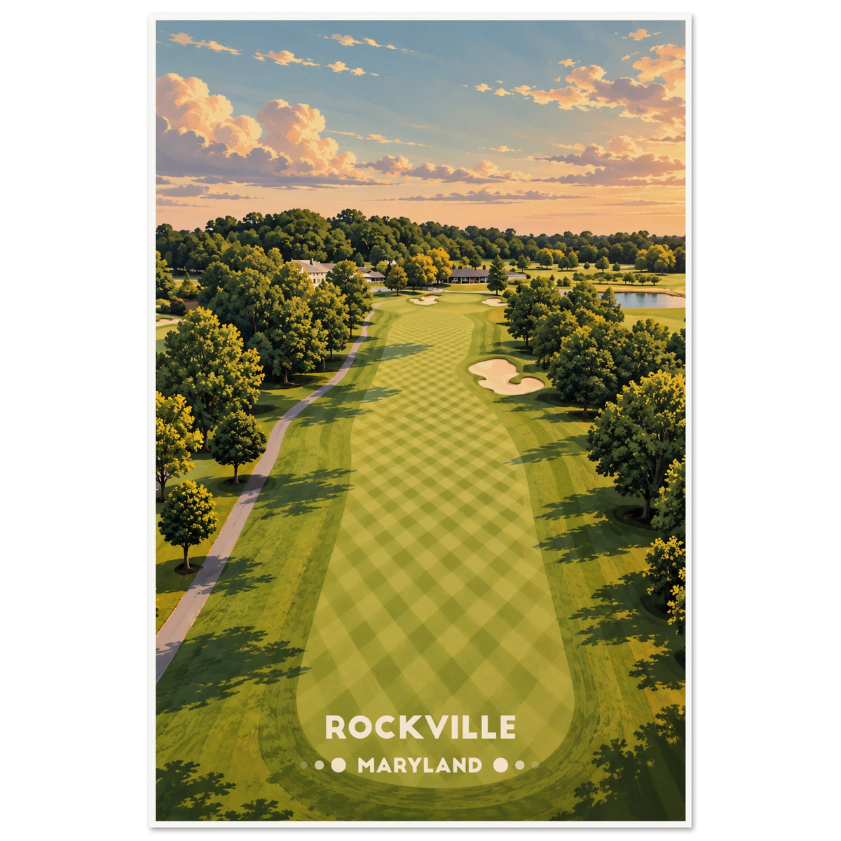 An aerial view of a golf green beside a tranquil lake, with willows and flowering plants, on a summer morning in Rockville, Maryland.