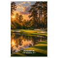 Golf green with white bunkers beside a pond reflecting tall pines at sunset in Augusta, Georgia