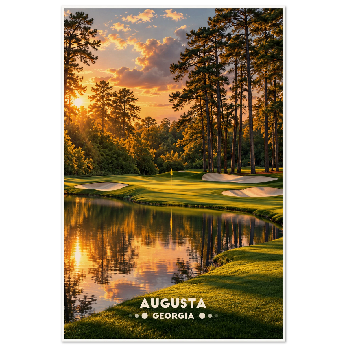 Golf green with white bunkers beside a pond reflecting tall pines at sunset in Augusta, Georgia
