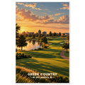 Golden evening light over a lakeside golf hole and distant skyline in Green Country, Oklahoma