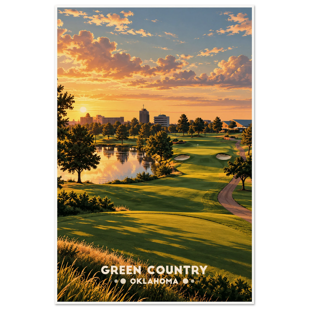 Golden evening light over a lakeside golf hole and distant skyline in Green Country, Oklahoma