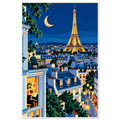 Illustrated Paris rooftops at night with a man on a balcony, a woman playing piano and the Eiffel Tower under a crescent moon