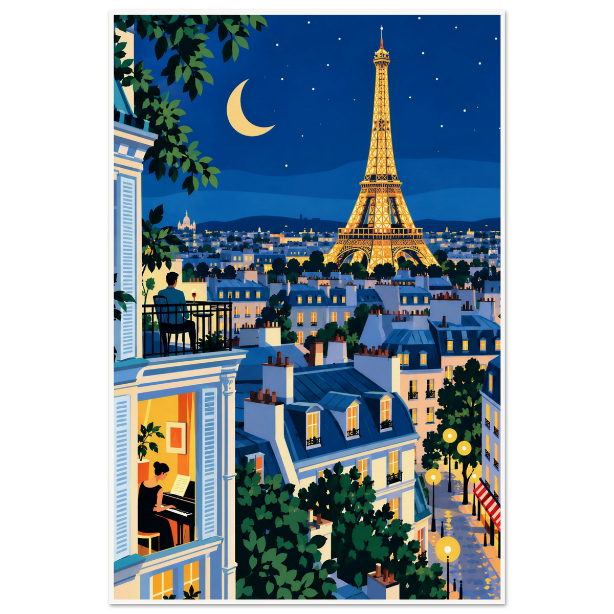 Illustrated Paris rooftops at night with a man on a balcony, a woman playing piano and the Eiffel Tower under a crescent moon