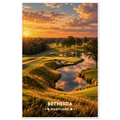 Golf green with bunkers beside a winding pond and oak trees under a golden sunset in Bethesda, Maryland
