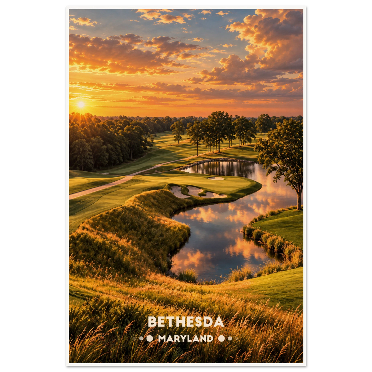 Golf green with bunkers beside a winding pond and oak trees under a golden sunset in Bethesda, Maryland