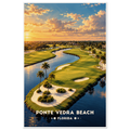 Golf fairway curving along a wooden-bulkheaded lake with bunkers and pines in Ponte Vedra Beach, Florida