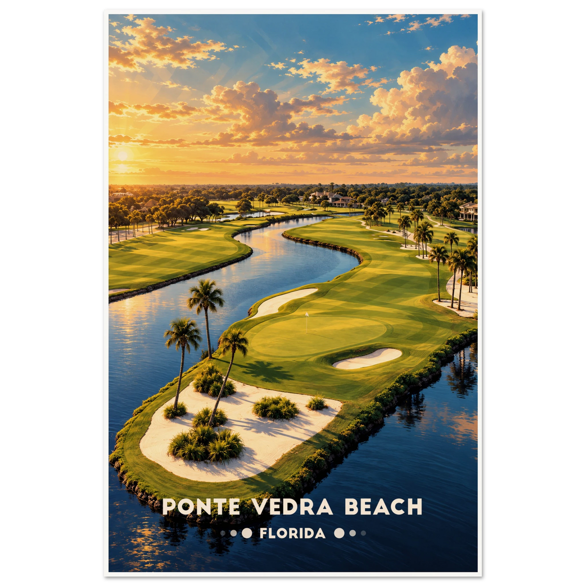 Golf fairway curving along a wooden-bulkheaded lake with bunkers and pines in Ponte Vedra Beach, Florida