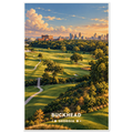 Aerial view of tree-lined golf fairways, a lake and clubhouse with the Atlanta skyline at sunset, Buckhead, Georgia