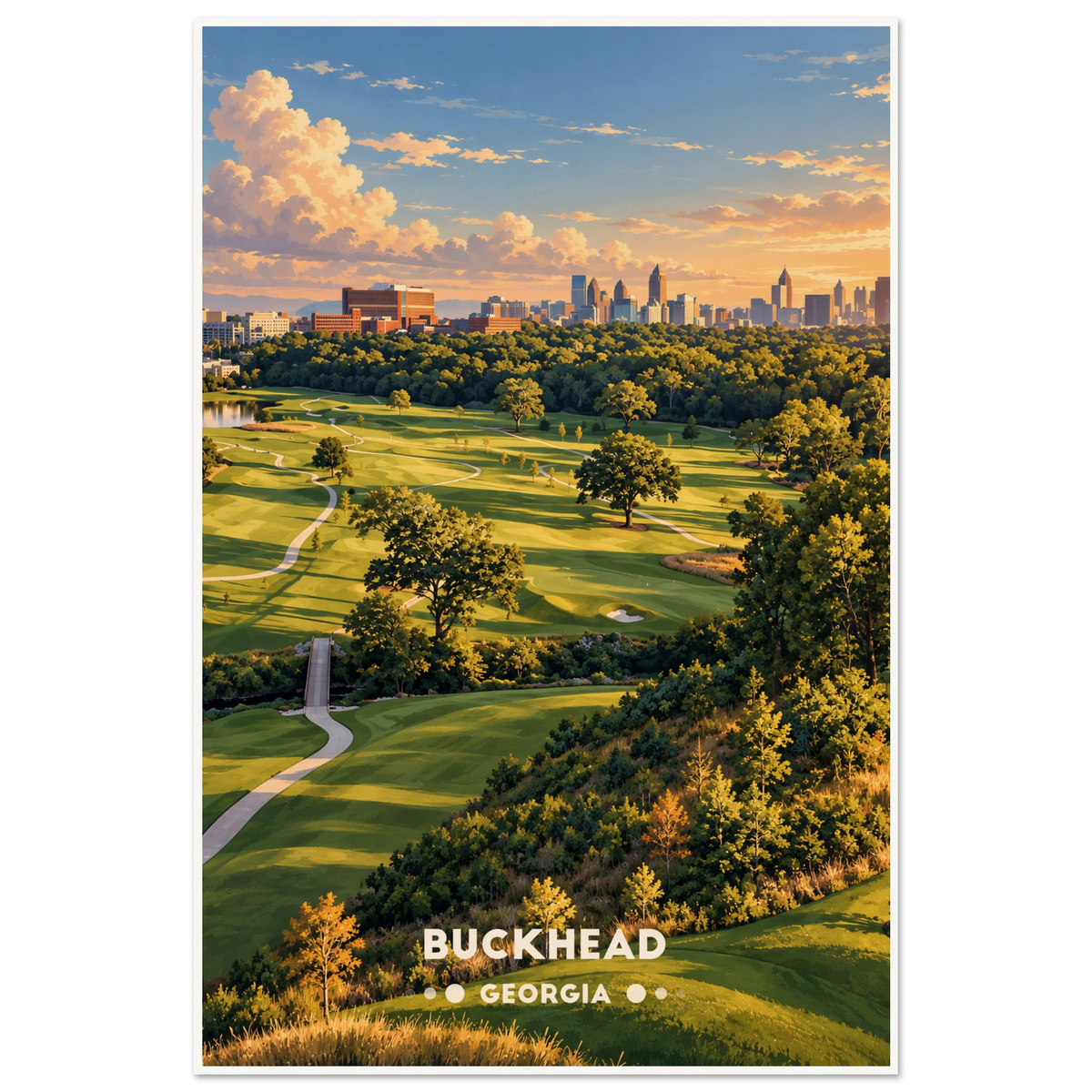 Aerial view of tree-lined golf fairways, a lake and clubhouse with the Atlanta skyline at sunset, Buckhead, Georgia