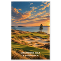 Dune golf green with sandy waste areas and a lone fir above Puget Sound at sunset in Washington