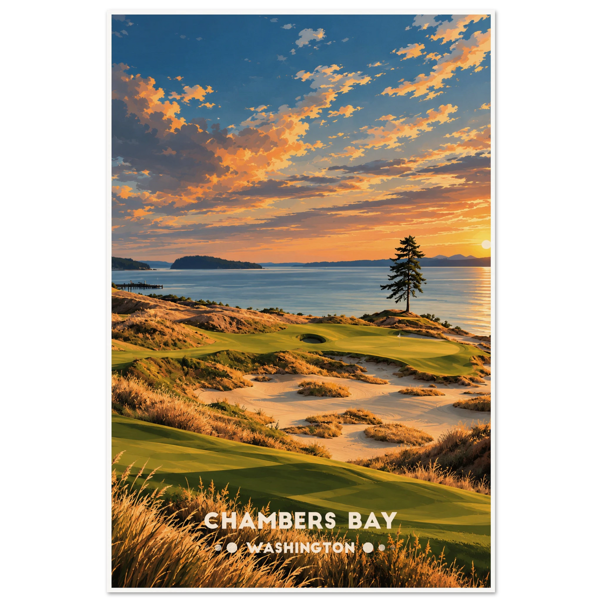 Dune golf green with sandy waste areas and a lone fir above Puget Sound at sunset in Washington