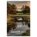 Old stone footbridge over a reflecting creek on a pine-lined golf course at sunset in Kennebunk Beach, Maine