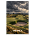 Rolling links golf green with deep revetted bunker, gorse and heather under stormy skies in Angus, Scotland