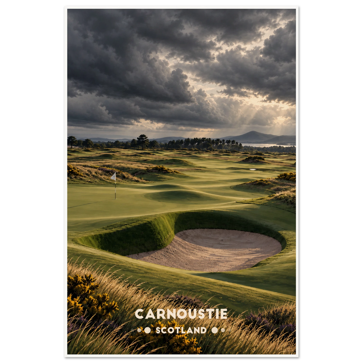 Rolling links golf green with deep revetted bunker, gorse and heather under stormy skies in Angus, Scotland