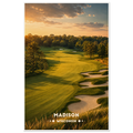 Winding golf fairway lined with sand bunkers, tall grass and hardwood trees at Wisconsin sunset