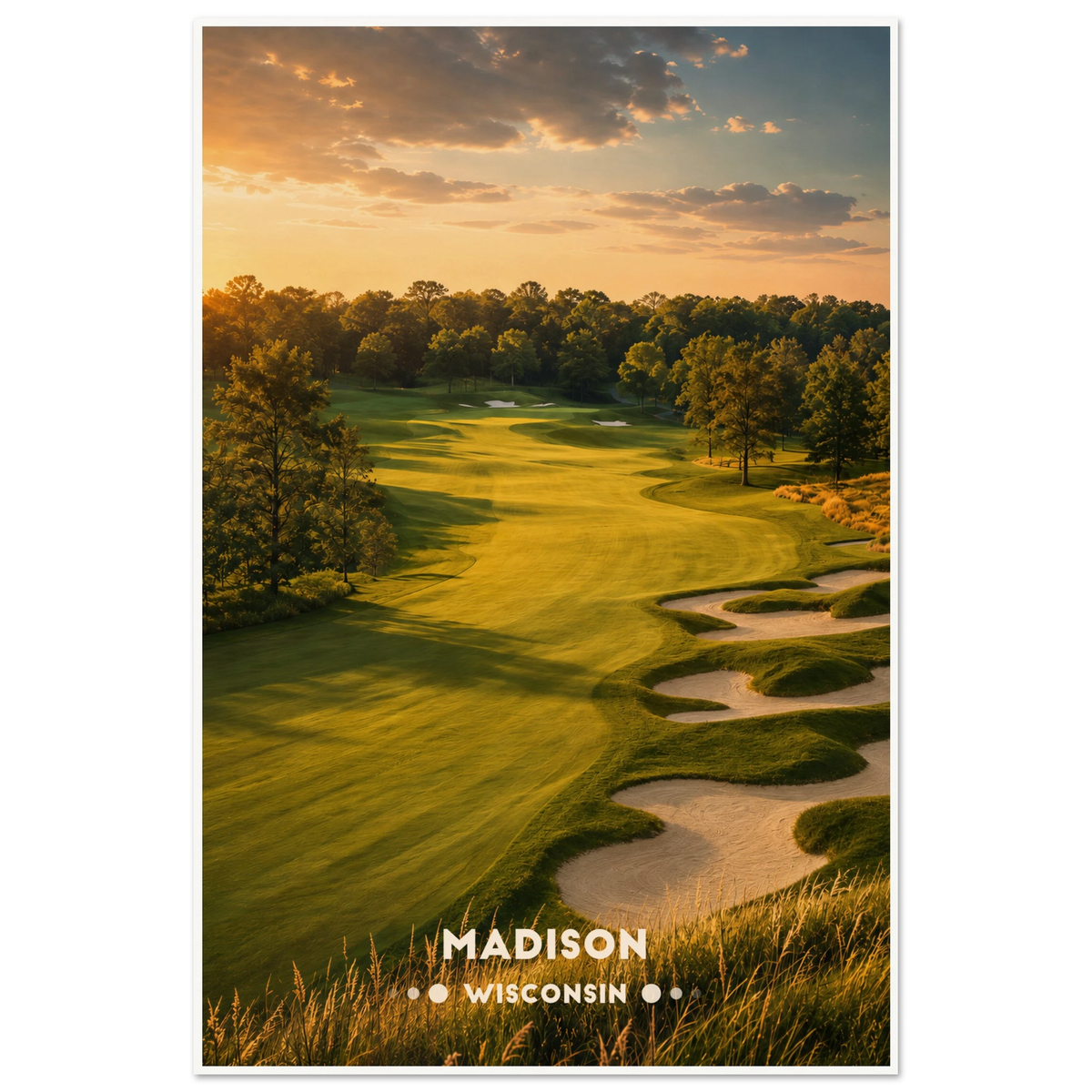 Winding golf fairway lined with sand bunkers, tall grass and hardwood trees at Wisconsin sunset