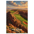 Clifftop golf fairway with bunkers on red sandstone cliffs above a desert valley at sunset near St. George, Utah